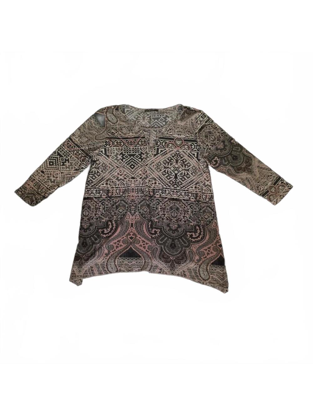 Gyft Long Sleeve Tunic Top with Geometric and Paisley Pattern